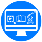 online videos, library and repair icon blue circle