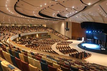 Interior of Calvary Orlando church house lights on - Winter Park, Florida, USA