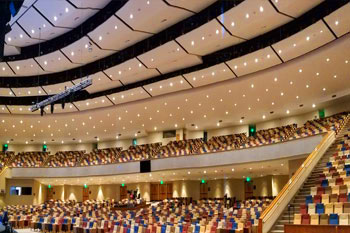 Interior of Calvary Orlando church house lights on - Winter Park, Florida, USA