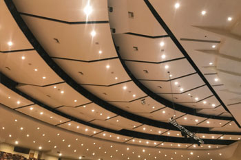 Interior of Calvary Orlando church house lights on - Winter Park, Florida, USA