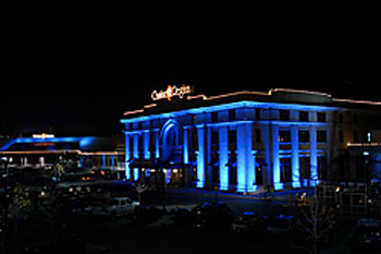 Casino Regina at night with blue architectural lights