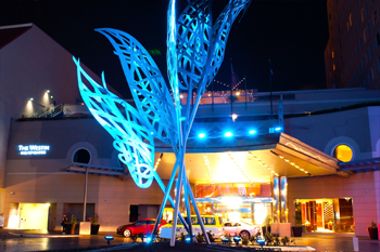 The Westin San Diego Gaslamp Quarter Flame Flower sculpture by artist Micahel Stutz lit with blue LEDPanels 36 color RGB LEDs