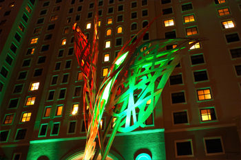 The Westin San Diego Gaslamp Quarter Flame Flower sculpture lit with green red yellow LEDPanels 36 color RGB LEDs