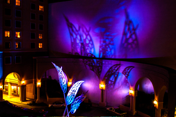 The Westin San Diego Gaslamp Quarter Flame Flower sculpture lit with purple blue aqua LEDPanels 36 color RGB LEDs