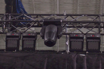close up view of outdoor rated SGM Palco 3 color-changing fixtures with its light source 49 high-power LEDs not on attached to truss on stage  for the band Three Days Grace, Get Out Alive Tour, Canada