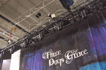 Close up view of lighting gear on a truss above stage for the band Three Days Grace concert