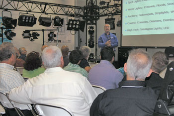 Techni-Lux's In-House Lighting Designer, Tony Hansen having a seminar in a full showroom of guests at the Rental & Staging Roadshow 2009 hosted by Techni-Lux, Orlando, Florida USA