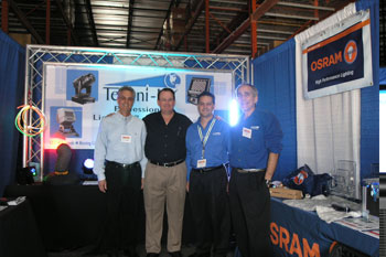 Techni-Luv VP, Alex Gonzalez with OSRAM Reps Mark and Bob in Techni-Lux and OSRAM booth at the Rental & Staging Roadshow 2009 hosted by Techni-Lux, Orlando, Florida USA