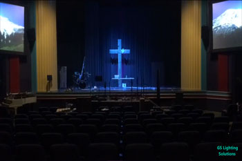 Lit cross with blue LED light Calvary Baptist at the Liberty - Ellensburg, WA