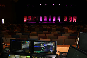 console programming architectural accent on stage with Techni-Lux UltraLED DMX Tricolor Bars and  interior of Calvary Orlando building - Winter Park, FL, USA