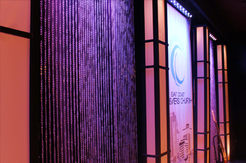 close up DL-BAR10TC24 tricolor bars with purple LEDs on stage wall at East Coast Believers Church, Casselberry, FL, USA