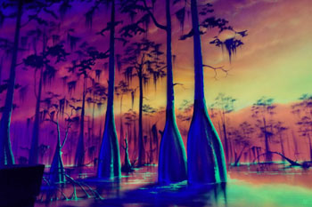 Swamp mural painted with Wildfire Visible Luminescent Paint colors which appear bright under ordinary light and fluoresce brilliantly under black light UltraLux 18 LED - 6in1 RGBWAUV inside Swamp Ape Thrill Ride at Swampy Jack's Wongo Adventure, Panama City Beach, Florida, USA