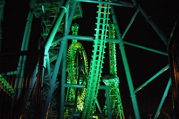 Goliath Coaster Thrill Ride illuminated at night by Studio Due CityColor 2000 architecural lighting fixture, Six Flags New England - Agawam, Massachusetts, USA