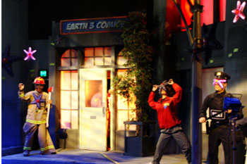metropolis scene with fire fighter, polic officer and delivery person infected with glowin red starro star spores on their faces, Justice League: Alien Invasion Warner Bros. Movie World - Gold Coast, Australia
